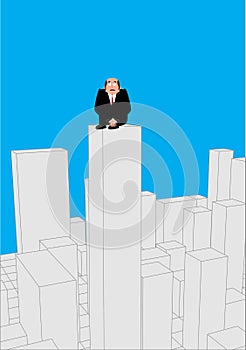 Businessman scared on skyscraper. frightened business man on roof of building. Boss suicide. Vector illustration