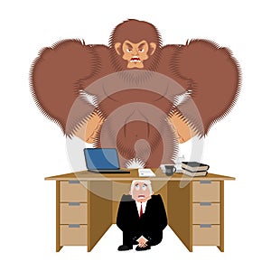 Businessman scared under table of bigfoot. To hide from to be e