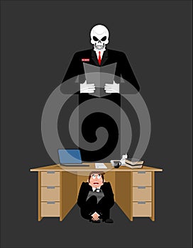 Businessman scared under table of creditor. frightened business