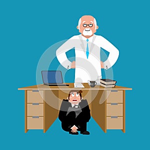 Businessman scared under table of doctor. To hide from treatment