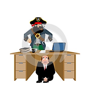 Businessman scared under table of pirate. To hide from robbery.