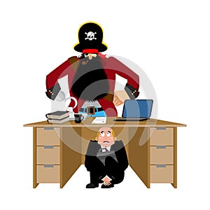 Businessman scared under table of pirate. To hide from robbery.