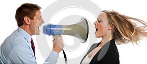 Businessman Screaming into Megaphone at Woman