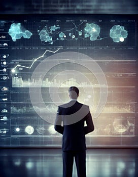 businessman screen data business icons big analytics chart digital graph intelligence concept interface background cloud computing