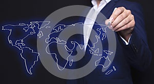 Businessman screen touch world map