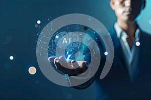 Businessman seamlessly integrates glowing AI icon into the business environment. AI Image photo