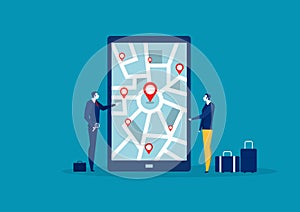 Businessman searchig for location on  mobile phone map.vector illustrator photo