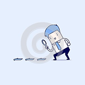 Businessman searching through a magnifying glass. Searching, details, clue concept. Cartoon character thin line style vector.