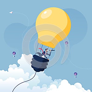 Businessman searching for opportunities in hot air balloon light bulb-Business concept vector