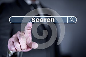 Businessman searching on virtual screen. Data technology search engine optimization by artificial intelligence technology. Ai