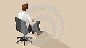 A businessman is seated in an office chair, rear view clipart illustration with an isometric icon in the background