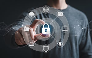 Businessman securing digital data with padlock and network of connected icons