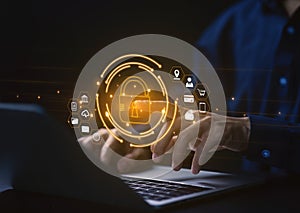 Businessman selects a lock icon on a virtual display. Internet network security concept, website connection. to prevent hackers