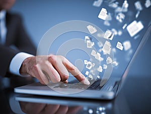 Businessman sending digital documents uploading to cloud computer