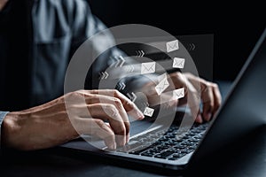 Businessman sending email by laptop computer to customer, business contact and communication, email icon, email marketing concept