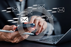 Businessman sending email by laptop computer to customer, business contact and communication, email icon, email marketing concept