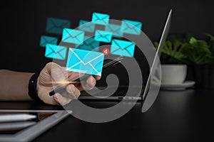 Businessman sending email by smartphone to customer, business contact and communication, email icon, email marketing concept