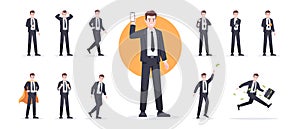 Businessman set isolated. Man in the workplace. Office worker in suit. Cartoon people in different poses and actions. Cute male