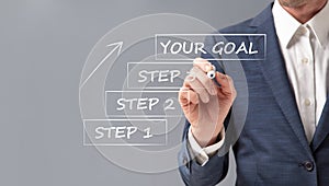 Businessman Setting Goal Writing Steps To Achieve Success, Gray Background