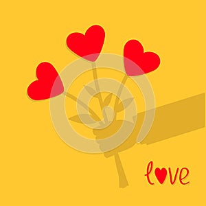 Businessman shadow hand holding bunch bouquet of heart flowers. Yellow background. Love card. Flat design.