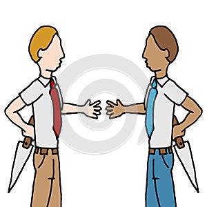 Businessman and shake back stabbing