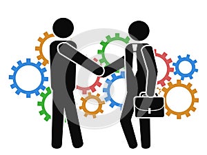 Businessman shake hand on mechanism gears background