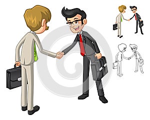 Businessman Shake Hands Poses with Client Cartoon Character