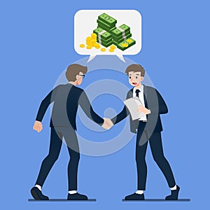 Businessman shaking hands. Business people making a deal about money investment concept with isometric coin and money dollar in bu