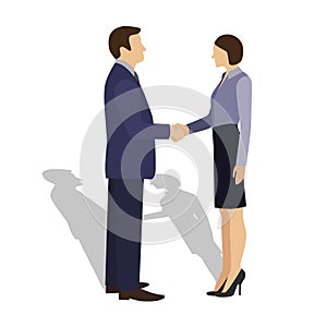 Businessman shaking hands with businesswoman.