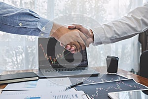 Businessman shaking hands after conversation, Finishing up a collaboration discussing of partner cooperation in investment