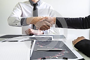 Businessman shaking hands after conversation, Finishing up a collaboration discussing of partner cooperation in investment