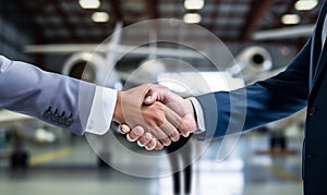 businessman shaking hands each other at airport, copy space