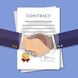 Businessman shaking hands over signed contract. Business deals symbol vector illustration