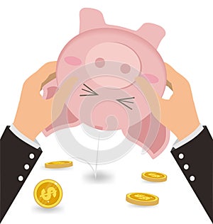 Businessman Shaking Money Coin Out of Cute Piggy Bank, Business