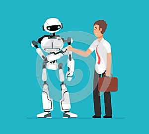 Businessman shaking robots hand. Artificial intelligence, human vs robot vector futuristic background