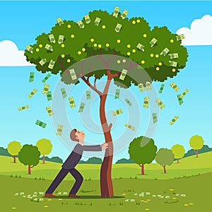 Businessman shaking tall cash tree with banknotes