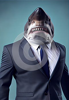A businessman with shark head in business suit against grey-blue background