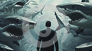 Businessman Sharks Business Risk Danger Concept