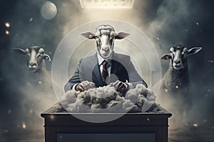 Businessman with sheep heads at the desk