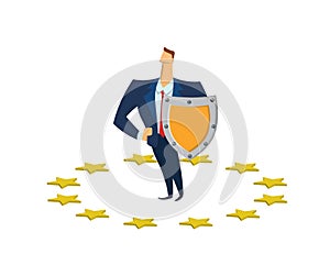 Businessman with a shield in circle of EU stars. GDPR, RGPD, DSGVO, DPO. Flat vector illustration. Isolated on white