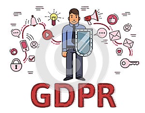 Businessman with a shield among internet and social media symbols. General data protection regulation. GDPR, RGPD, DSGVO photo