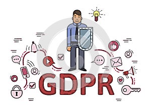 Businessman with a shield among internet and social media symbols. General data protection regulation. GDPR, RGPD, DSGVO photo