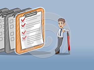 Businessman in shirt leaning a pen with completed checklists on paper