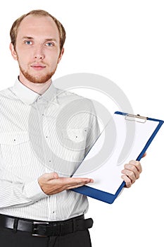 Businessman in shirt showing document isolated