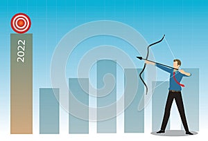 Businessman shooting arrow bow to target on graph with successful business  in 2022 year.vector
