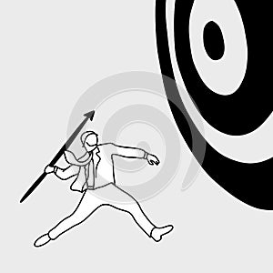 Businessman shooting the big target with spear vector illustration doodle sketch hand drawn with black lines isolated on gray