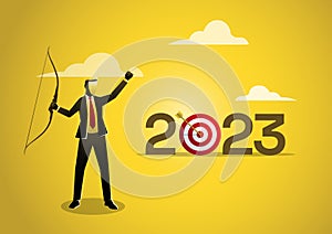 Businessman shot archer arrow hitting bull eyes of target 2023