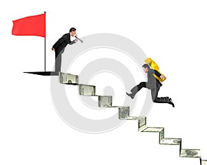 Businessman shouting another carrying USD on money stairs with f