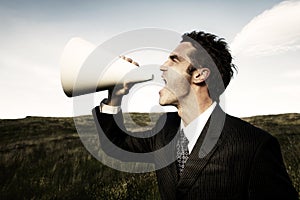 Businessman Shouting Field Announcement Concept