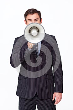 Businessman shouting through a megaphone